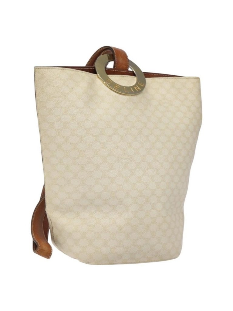 Authentic Celine Macadam Canvas Circle Shoulder Bag Pvc Leather White